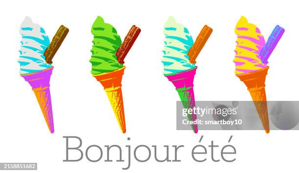 ice cream cones - hello summer (in french) - chocolate mints stock illustrations
