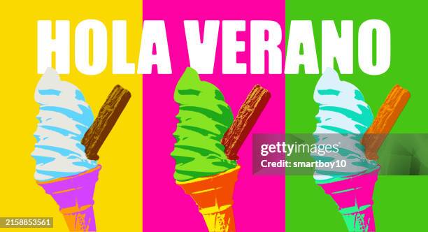 hello summer in spanish, hola verano - posterized stock illustrations