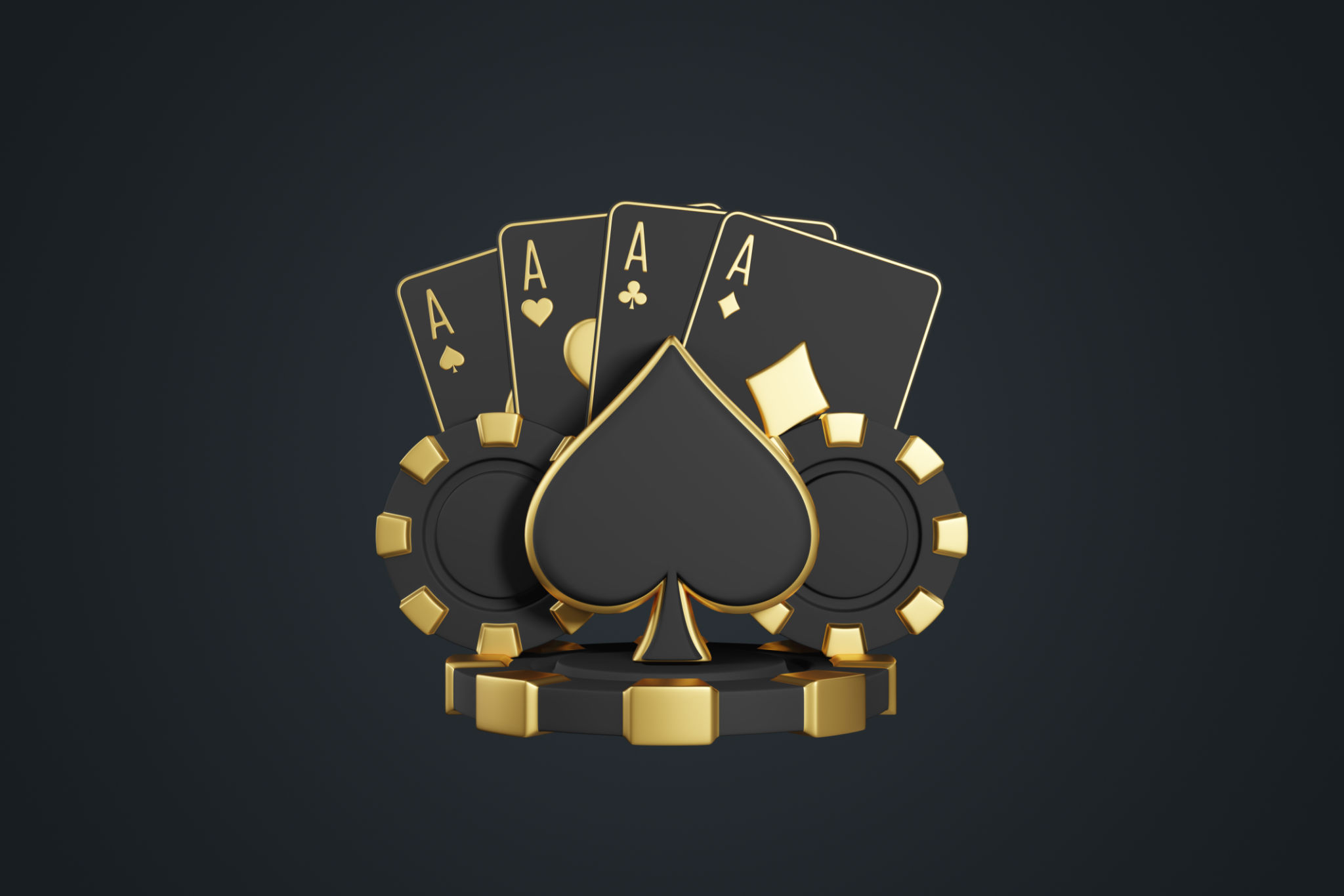 Golden Ace Cards and Poker Chips on Dark Background. 3D render illustration Golden Ace Cards and Poker Chips on Dark Background. 3D render illustration