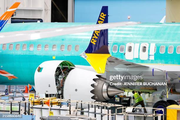 Boeing 737 MAX aircraft is assembled at the Boeing Renton Factory in Renton, Washington, on June 25, 2024. At its plane factory near Seattle, Boeing...