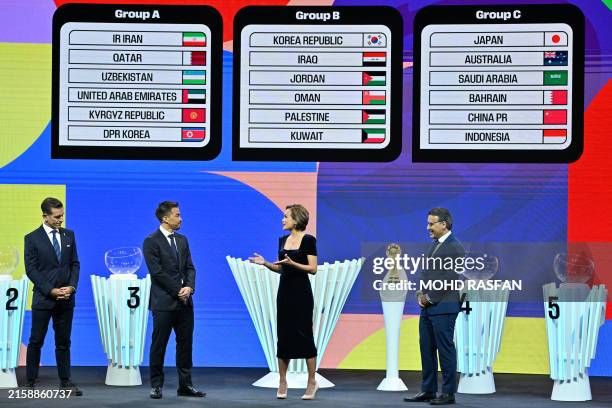 Japanese former footballer Shinji Okazaki and Iranian former footballer Mehdi Mahdavikia stand on stage after the 2026 World Cup qualifying draw for...