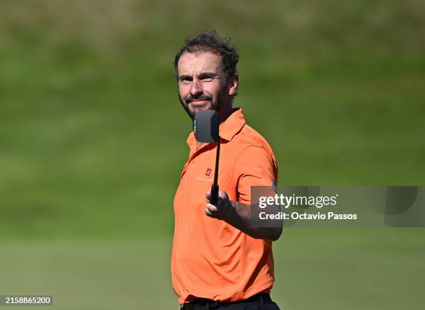 Joost Luiten of The Netherlands acknowledges the crowd on the 18th green during the final round of the KLM Open at The International on June 23, 2024...
