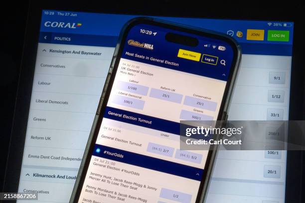 In this photo illustration, William Hill and Coral betting apps show odds for political bets ahead of the forthcoming UK general election, on June...
