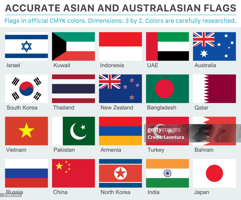 Accurate Asian and Australasian Flags in Official CMYK Colors
