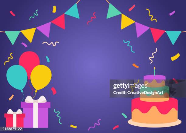 happy birthday concept with birthday cake, balloons,gift boxes, confetti and pennants - birthday-balloons-background stock illustrations