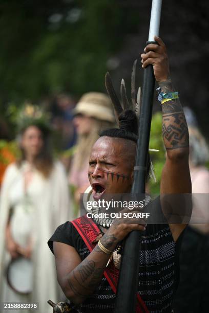Nahua Indigenous Mesoamerican ritual artist Ruben Yon'ton Vucubcame takes part in the new Flame of Hope meditation ceremony on the second day of the...