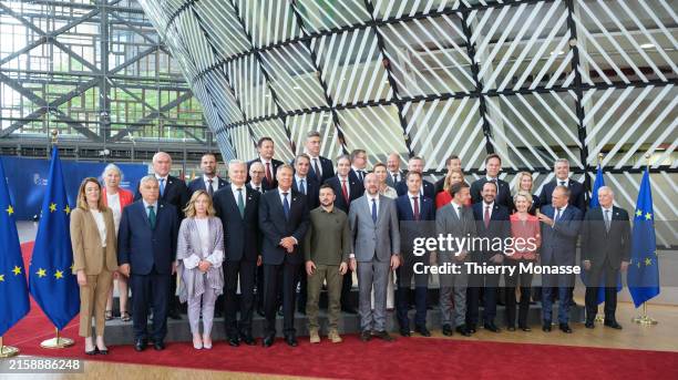 Leaders pose for a group photo in the Europa building on June 27, 2024 in Brussels, Belgium. Volodymyr Zelensky is the sixth president of Ukraine...
