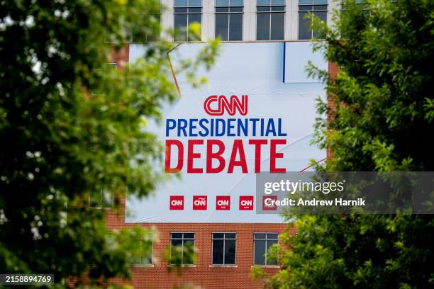 Signage for a CNN presidential debate is seen outside of their studios at the Turner Entertainment Networks on June 27, 2024 in Atlanta, Georgia....