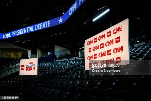 Signage at the McCamish Pavilion on the Georgia Institute of Technology campus ahead of the first presidential debate in Atlanta, Georgia, US, on...