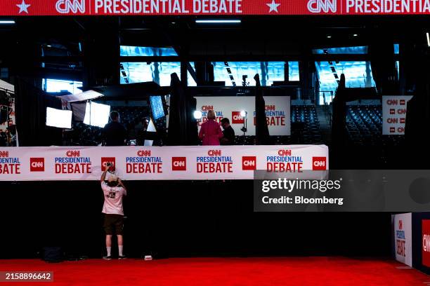 Members of the media at the McCamish Pavilion on the Georgia Institute of Technology campus ahead of the first presidential debate in Atlanta,...