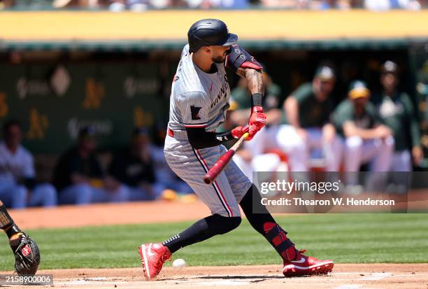 Carlos Correa of the Minnesota Twins gets hit in the foot with a pitch from Hogan Harris of the Oakland Athletics in the top of the first inning on...