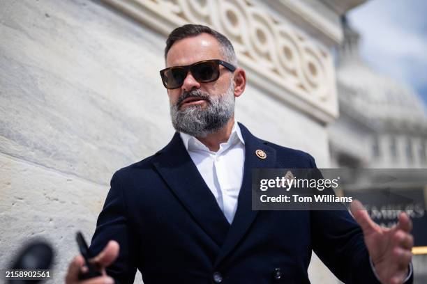 Rep. Cory Mills, R-Fla., talks with reporters on the House steps of the U.S. Capitol on Thursday, June 27, 2024.