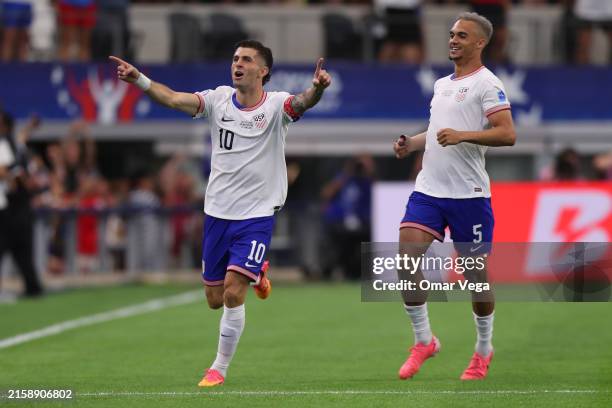 Christian Pulisic of United States celebrates after scoring the team's first goal during the CONMEBOL Copa America 2024 Group C match between United...