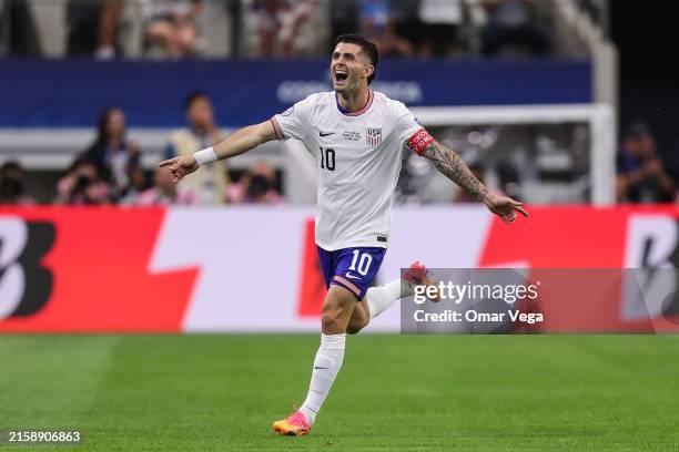 Christian Pulisic of United States celebrates after scoring the team's first goal during the CONMEBOL Copa America 2024 Group C match between United...