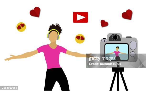 stockillustraties, clipart, cartoons en iconen met the image depicts a stylized, flat design illustration of a person creating content for social media for a video sharing platform. the person is wearing a pink t-shirt and black tights. he wears green headphones and stands with his arms outstretched. the - filmen