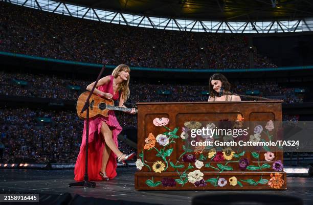 Taylor Swift and Gracie Abrams perform on stage during "Taylor Swift | The Eras Tour" at Wembley Stadium on June 23, 2024 in London, England.
