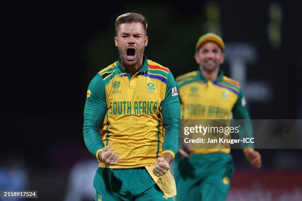 Aiden Markram of South Africa celebrates after dismissing Nicholas Pooran of West Indies during the ICC Men's T20 Cricket World Cup West Indies & USA...