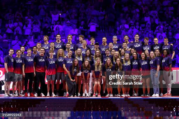The United States Olympic Swimming team poses on Day Nine of the 2024 U.S. Olympic Team Swimming Trials at Lucas Oil Stadium on June 23, 2024 in...