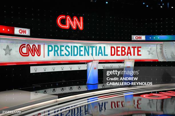 The stage is pictured ahead of the first presidential debate of the 2024 elections between US President Joe Biden and former US President and...