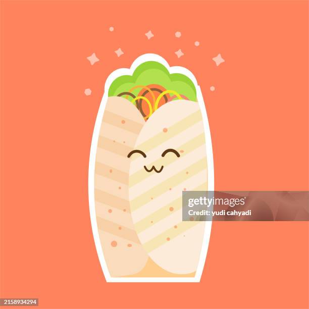 burrito fast food cartoon kawaii character with stars vector flat illustration - taco restaurant logo stock illustrations