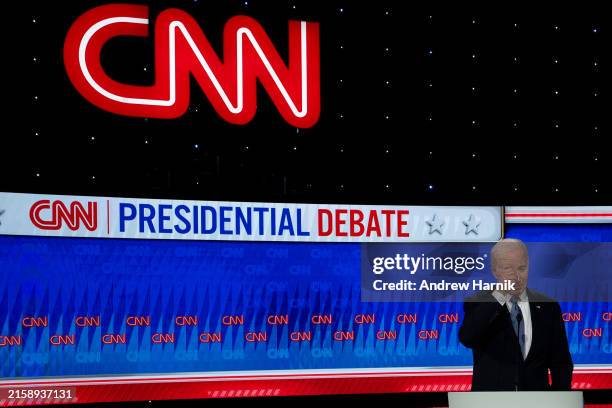 President Joe Biden participates in the CNN Presidential Debate against Republican presidential candidate, former President Donald Trump at the CNN...