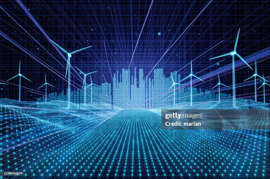 Wind power generation and urban development concepts, 3D rendering