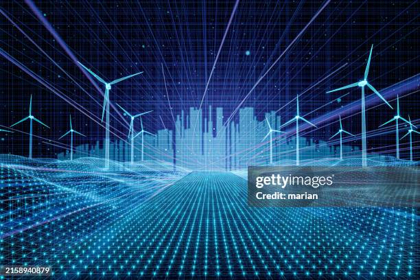 wind power generation and urban development concepts, 3d rendering - pegada ecológica imagens e fotografias de stock