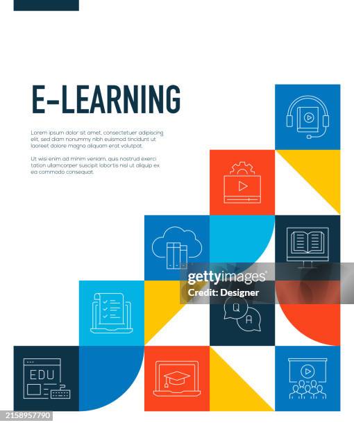 e-learning related line style banner design for web page, headline, brochure, annual report and book cover - students learning computer programming stock illustrations