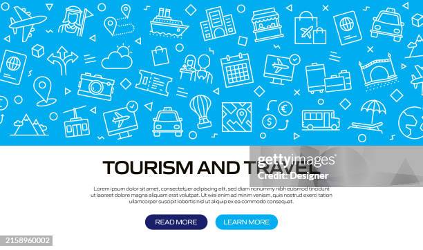 tourism and travel related line style banner design for web page, headline, brochure, annual report and book cover - backpack city stock illustrations