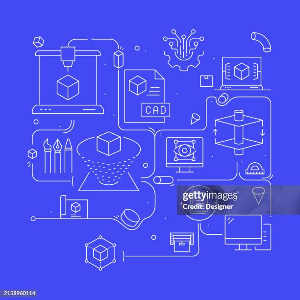 3d printing and modeling related banner design for web page, headline, brochure, annual report and book cover - prototype model stock illustrations
