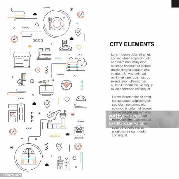 city elements related vector banner design concept. global multi-sphere ready-to-use template. web banner, website header, magazine, mobile application etc. modern design. - smart city stock illustrations
