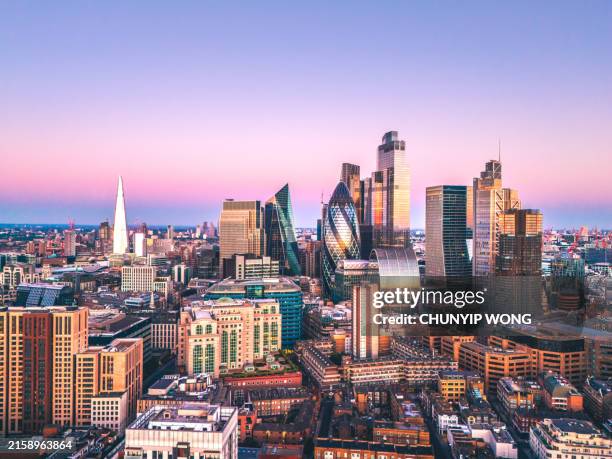 aerial view of finance district in london - city of london stock pictures, royalty-free photos & images