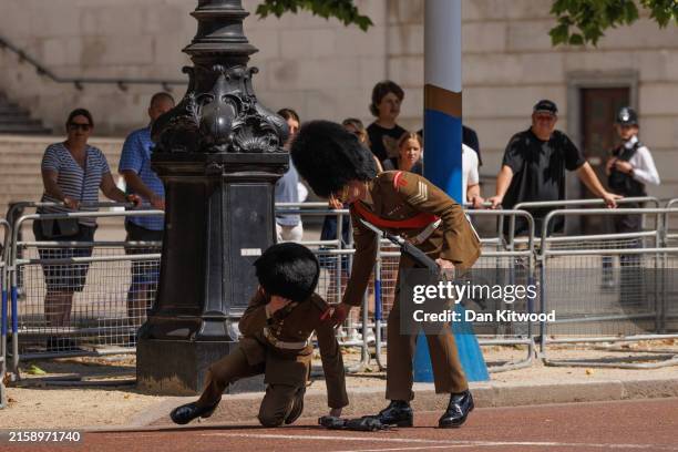 Cavalry guard passes out during a procession rehearsal on the Mall for a state visit of the Emperor and Empress of Japan on June 24, 2024 in London,...