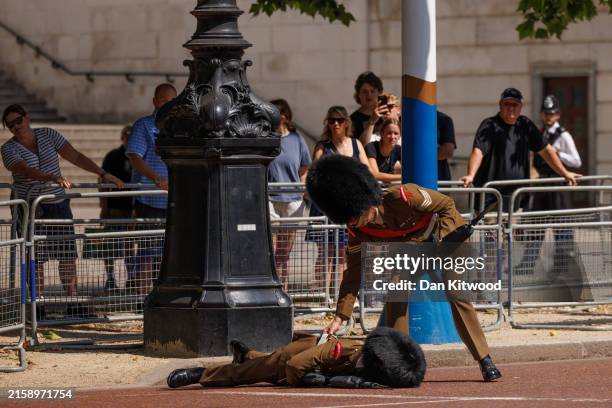 Cavalry guard passes out during a procession rehearsal on the Mall for a state visit of the Emperor and Empress of Japan on June 24, 2024 in London,...