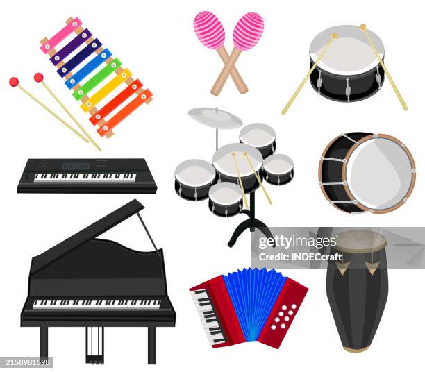 drum set_piano_accordion_keyboard instrument - conga stock illustrations