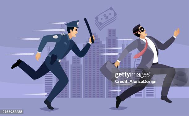 male police officer pursuing a felon with stolen goods and cash. - running cop cartoon stock illustrations