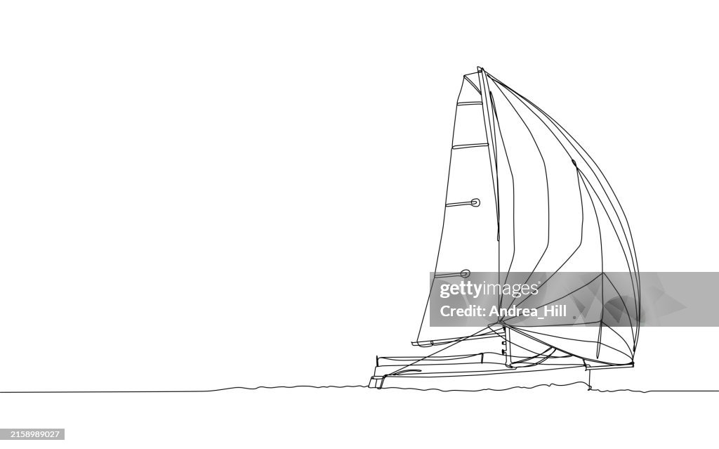 Racing Sailboat Continuous Single Line Drawing Style with Editable Stroke Border