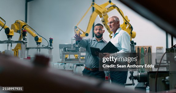 Robotics, people and engineer tablet with industrial collaboration and planning in warehouse. Factory, engineering and futuristic work of manufacturing management with discussion for cnc automation Robotics, people and engineer tablet with industrial collaboration and planning in warehouse. Factory, engineering and futuristic work of manufacturing management with discussion for cnc automation