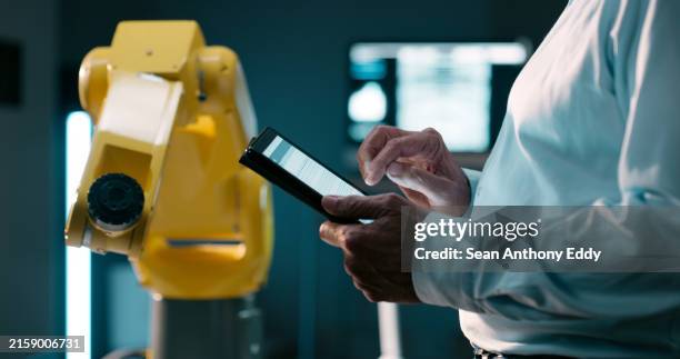 robotics, hands and engineer with tablet, inspection or connection with app or project management. person, test and tools with manufacturing tech, internet and planning for automated laboratory - web prototype stock pictures, royalty-free photos & images