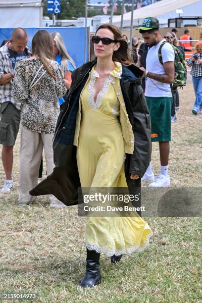 Alexa Chung is spotted at Glastonbury festival teasing her upcoming AW24 Barbour collection on June 28, 2024 in Glastonbury, England.