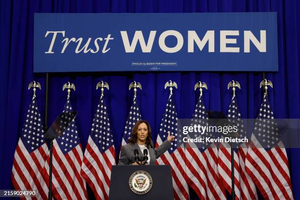 Vice President Kamala Harris delivers remarks on reproductive rights at Ritchie Coliseum on the campus of the University of Maryland on June 24, 2024...