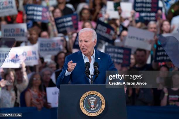 President Joe Biden speaks at a post-debate campaign rally on June 28, 2024 in Raleigh, North Carolina. Last night President Biden and Republican...