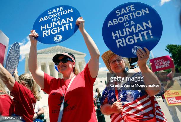 Abortion rights advocates participate in a protest outside of the U.S. Supreme Court Building on June 24, 2024 in Washington, DC. Abortion rights and...