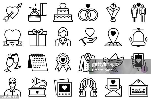 liniensymbole mit bearbeitbarem strich für heiratsantrag - trauung stock-grafiken, -clipart, -cartoons und -symbole