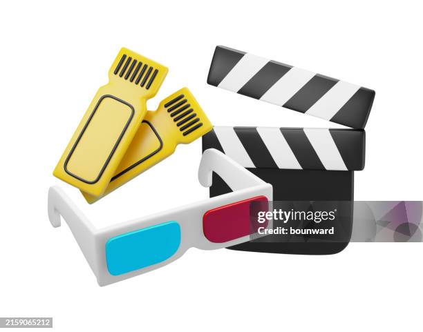 ilustraciones, imágenes clip art, dibujos animados e iconos de stock de plantilla creativa para cartel de cine, banner con entrada, gafas 3d y claqueta. vector - claqueta de cine