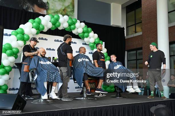 Boston Celtics players Derrick White, Payton Pritchard and Al Horford join Gillette at their Boston headquarters for a championship shave benefitting...