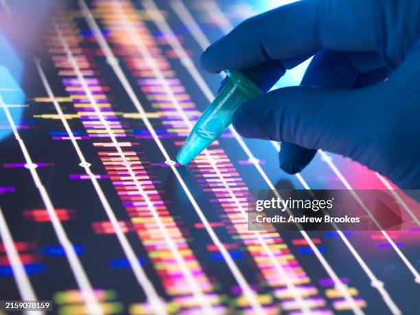 genomic research, scientist holding a dna sample in a vial with the profile results on screen in the lab - genomics stock pictures, royalty-free photos & images
