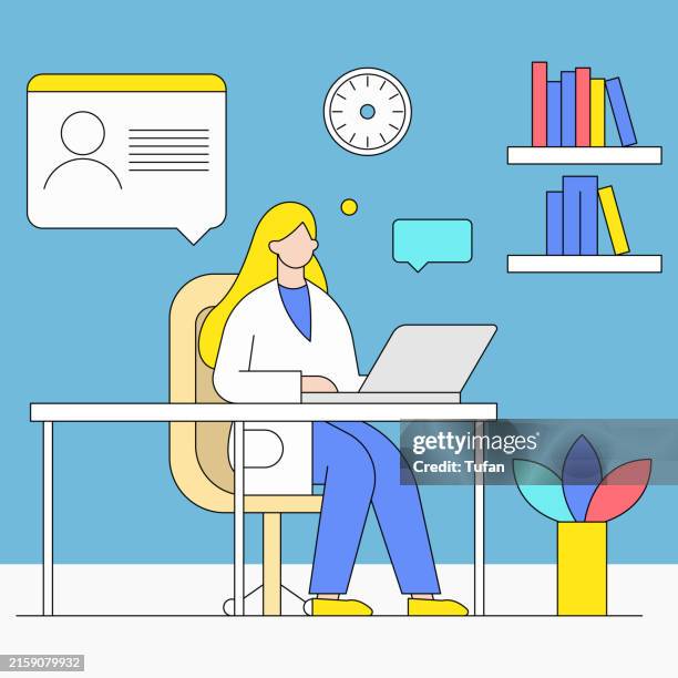 doctor at work illustration: female doctor in office - medical technology quotes stock illustrations