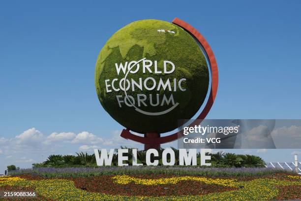 Welcome sign is displayed outside the Dalian International Conference Center, the main venue for the 15th World Economic Forum Annual Meeting of the...
