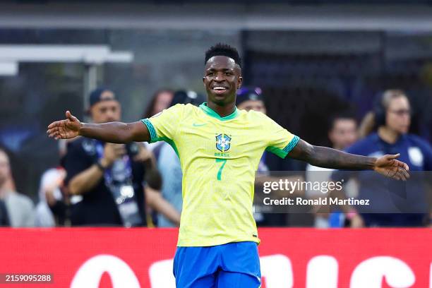 Vinicius Junior of Brazil gestures during the CONMEBOL Copa America 2024 Group D match between Brazil and Costa Rica at SoFi Stadium on June 24, 2024...